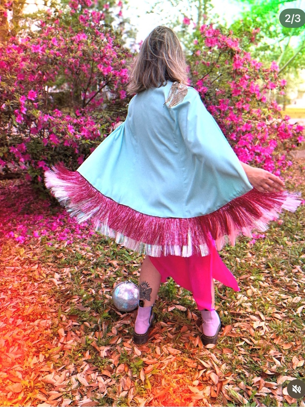 Cosmic Collective Blazer cape in green w/pink fringe - Picture 10 of 11